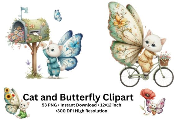 Download Cat and Butterfly White Kitten Clipart - Kit Collection